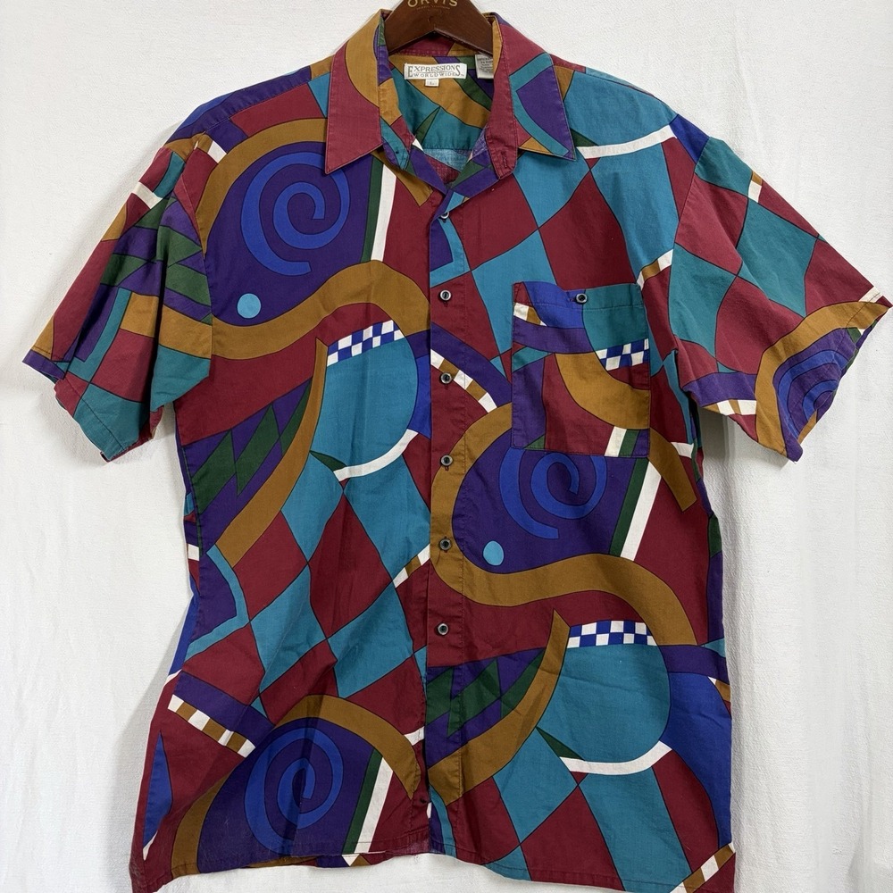 Vtg Expressions Worldwide Shirt Mens L Red Blue Geometric Abstract Button‎ Down